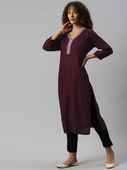 Straight Style Rayon Fabric Burgundy Color Kurta
