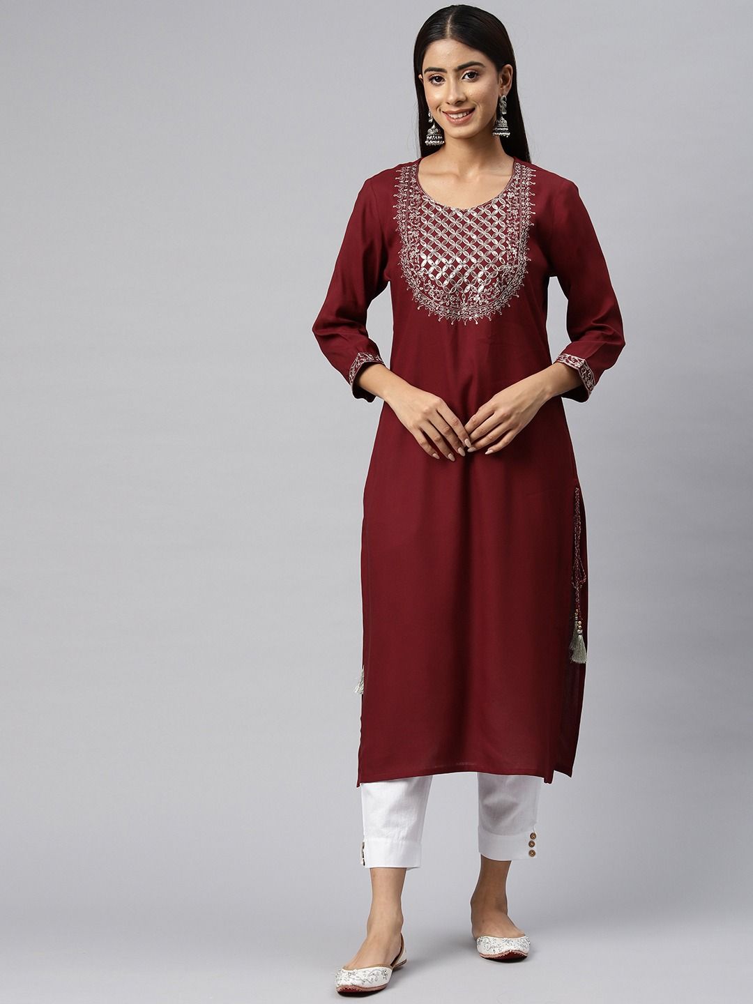 Straight Style Cotton Fabric Maroon Color Kurti