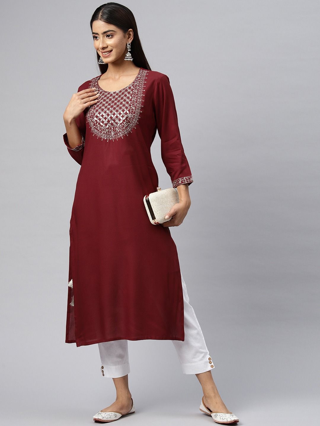 Straight Style Cotton Fabric Maroon Color Kurti