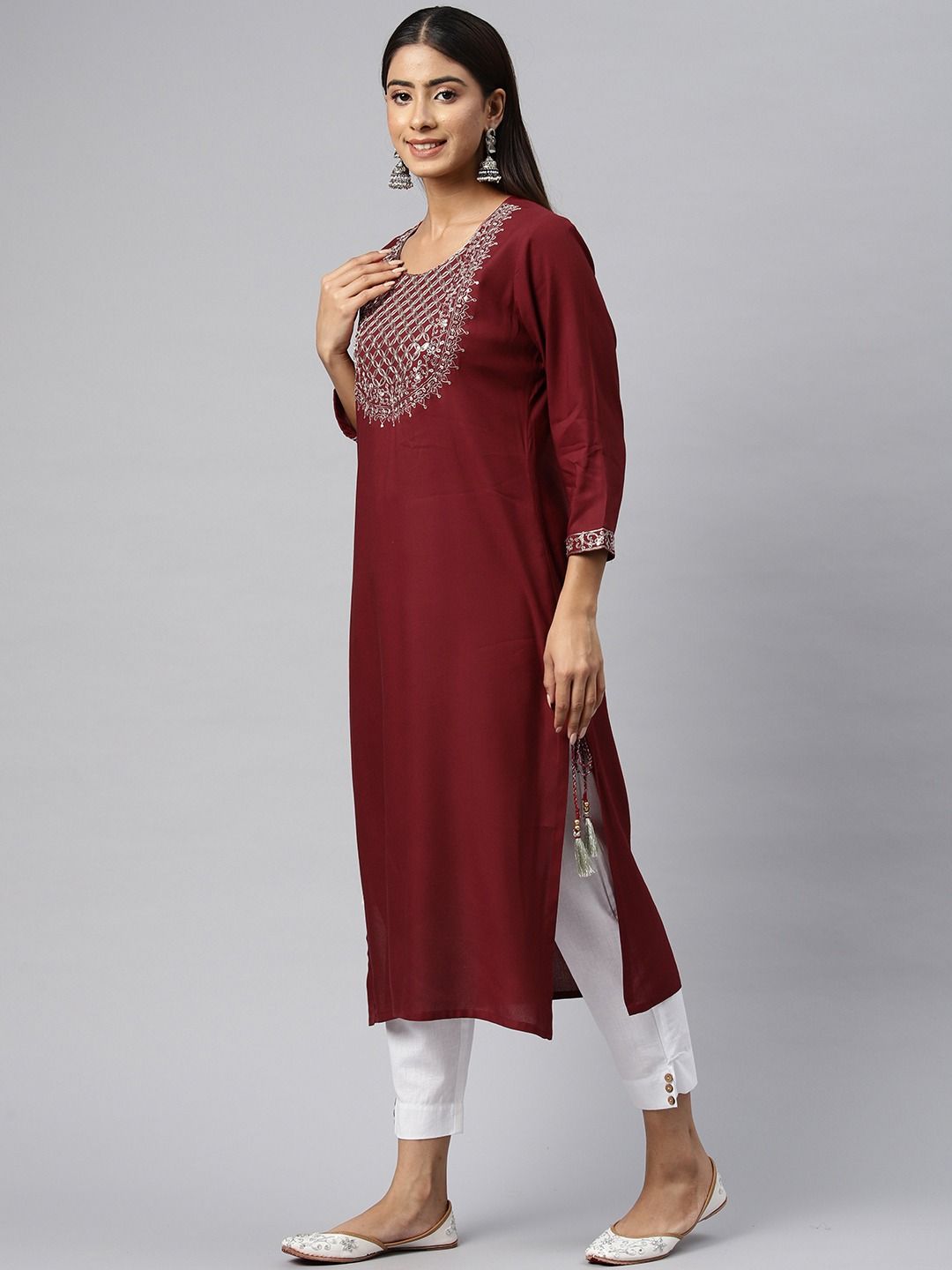 Straight Style Cotton Fabric Maroon Color Kurti