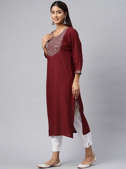 Straight Style Cotton Fabric Maroon Color Kurti