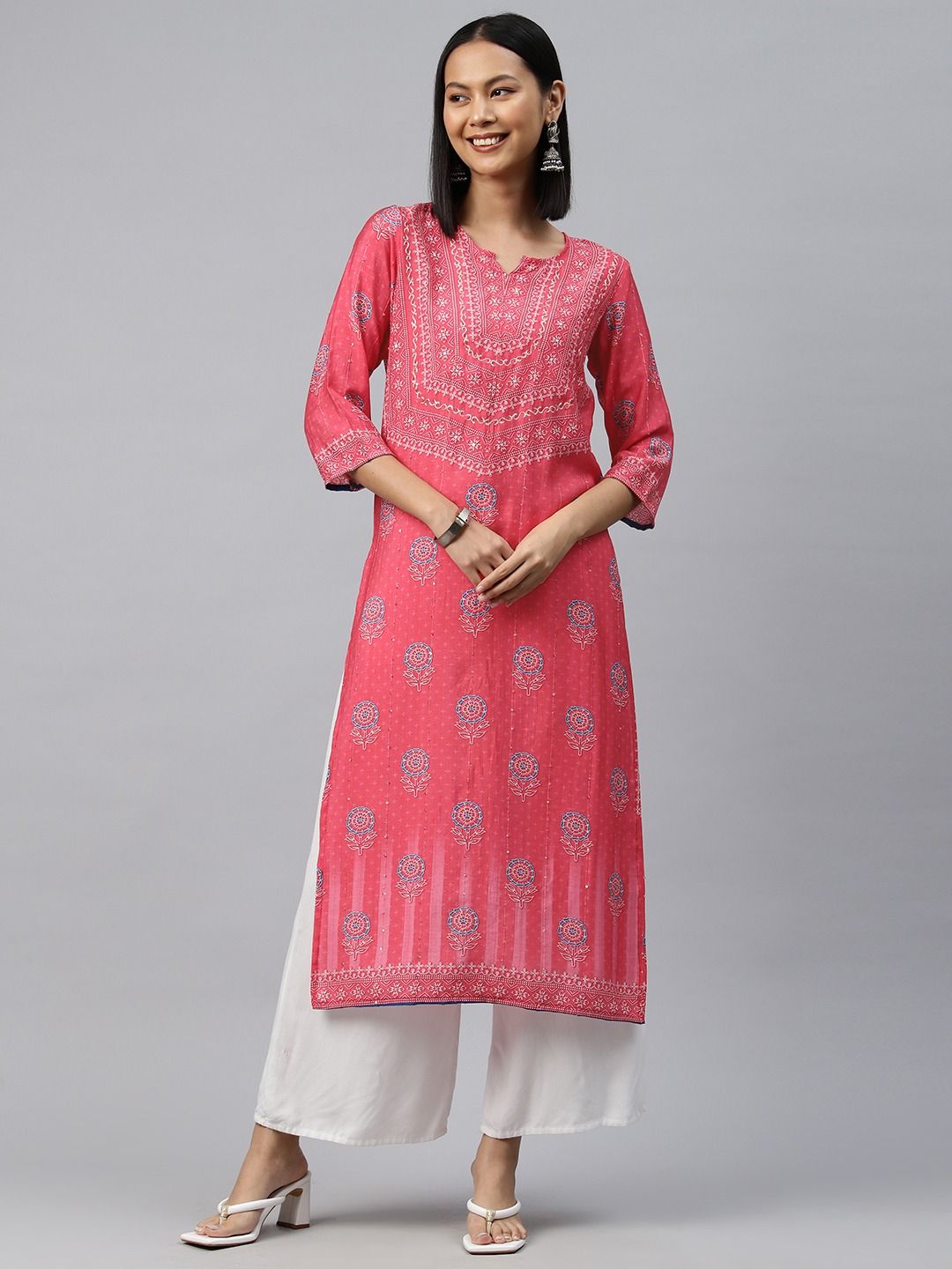Straight Style Silk Fabric Pink Color Kurti