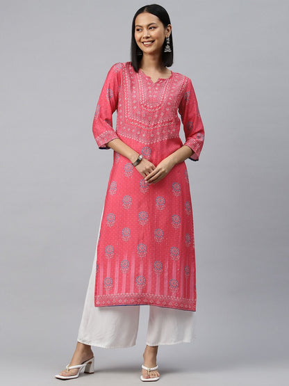 Straight Style Silk Fabric Pink Color Kurti