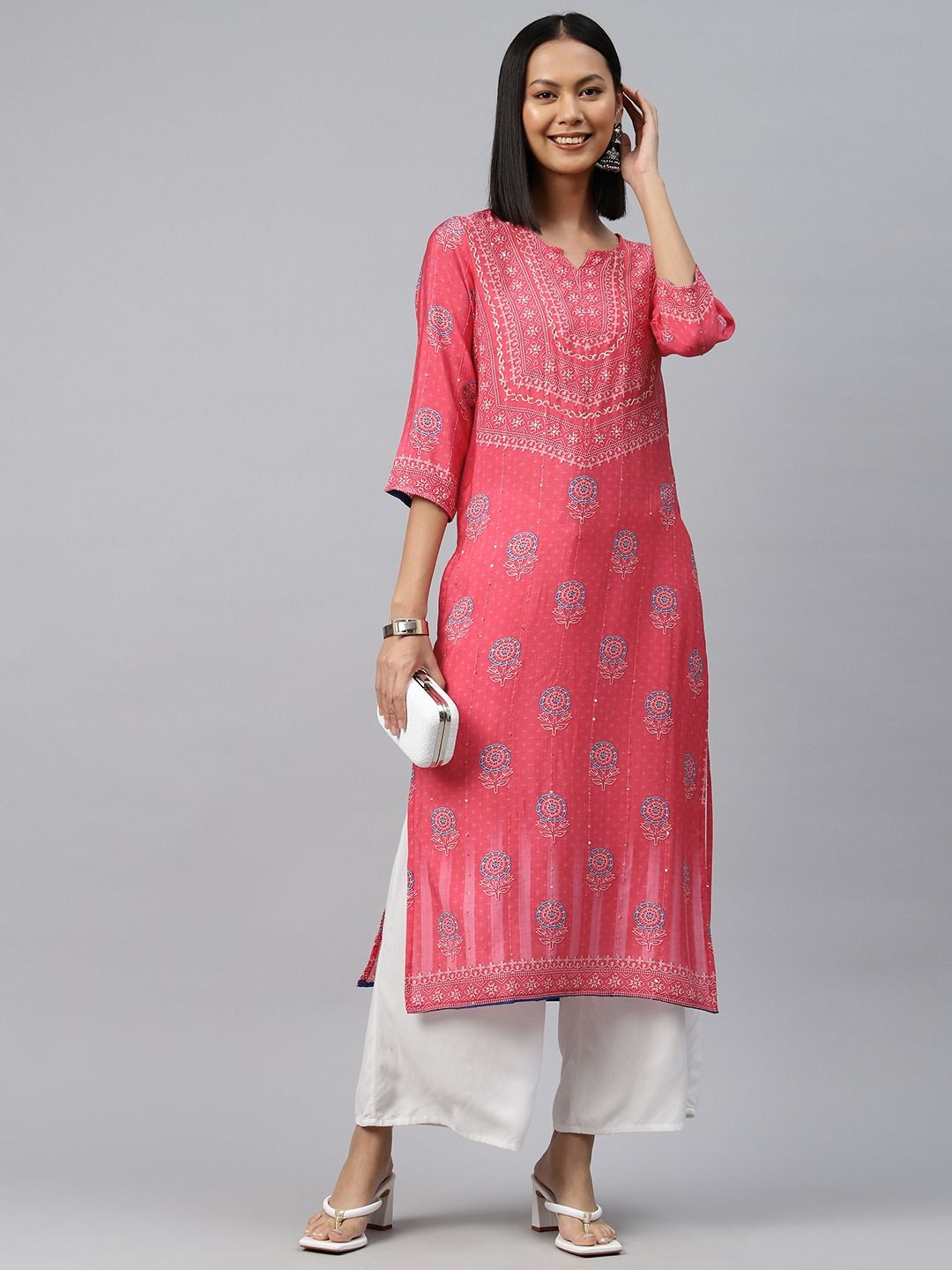 Straight Style Silk Fabric Pink Color Kurti