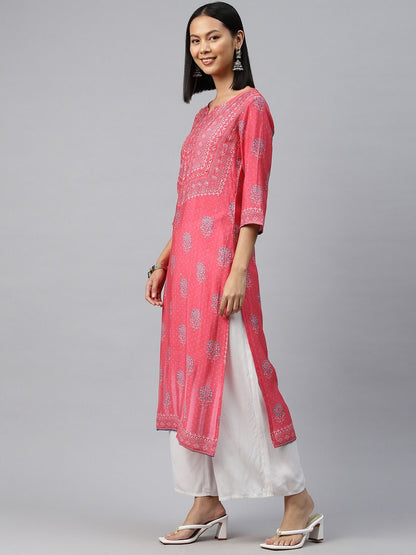 Straight Style Silk Fabric Pink Color Kurti