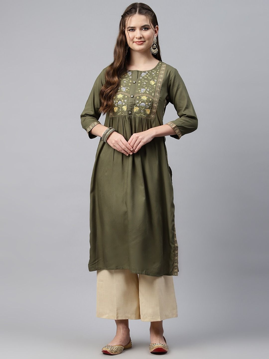 Naira Style Rayon Fabric Olive Green Color Kurti