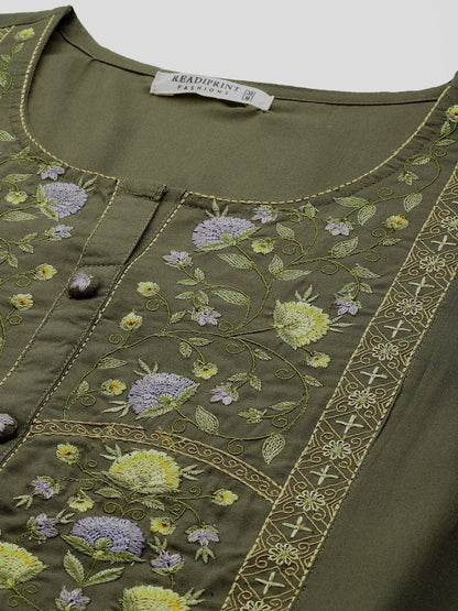 Naira Style Rayon Fabric Olive Green Color Kurti