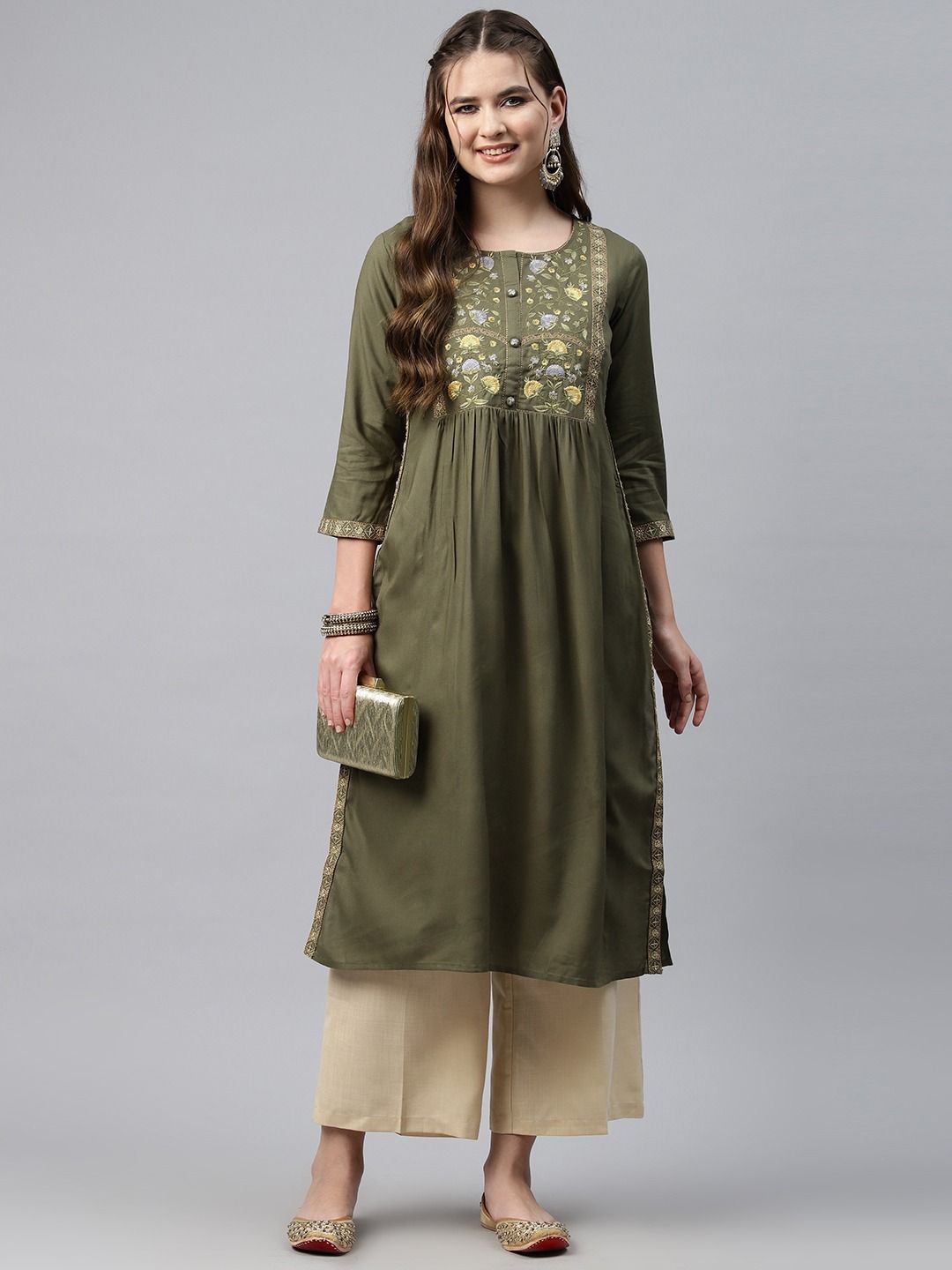 Naira Style Rayon Fabric Olive Green Color Kurti