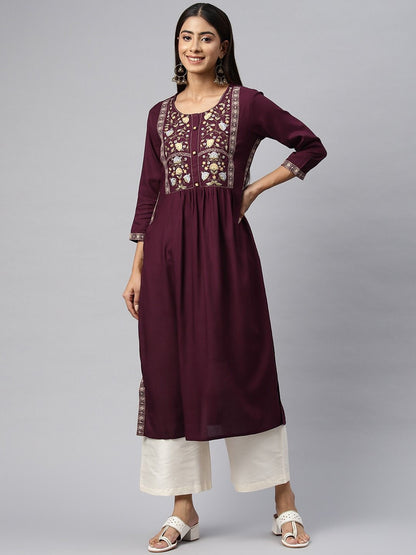 Naira Style Rayon Fabric Maroon Color Kurti