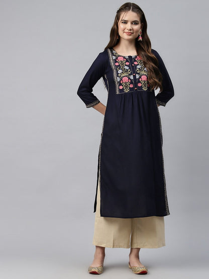 Naira Style Rayon Fabric Navy Blue Color Kurti