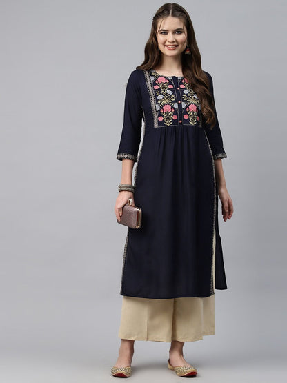 Naira Style Rayon Fabric Navy Blue Color Kurti