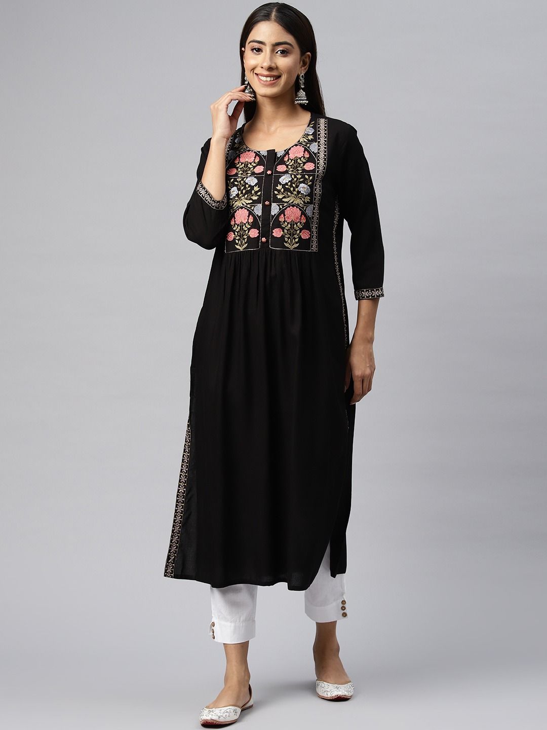 Naira Style Rayon Fabric Black Color Kurti
