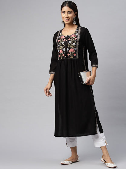 Naira Style Rayon Fabric Black Color Kurti