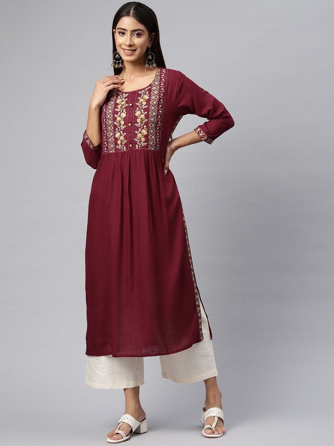 Naira Style Rayon Fabric Maroon Color Kurti