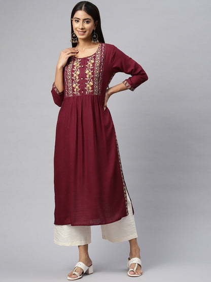 Naira Style Rayon Fabric Maroon Color Kurti