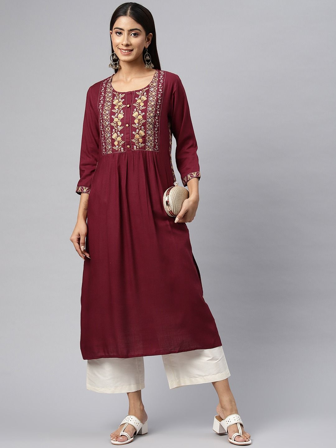 Naira Style Rayon Fabric Maroon Color Kurti