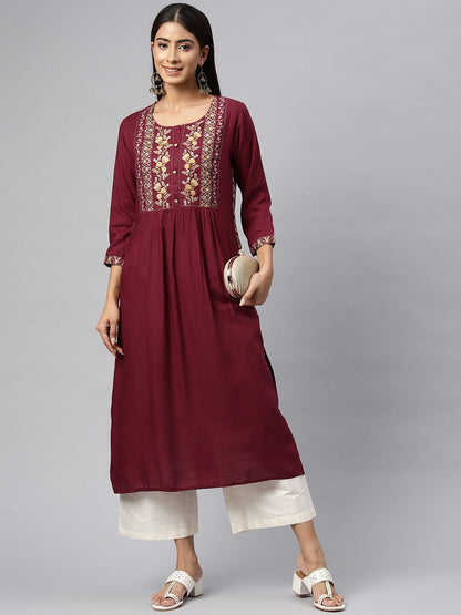 Naira Style Rayon Fabric Maroon Color Kurti