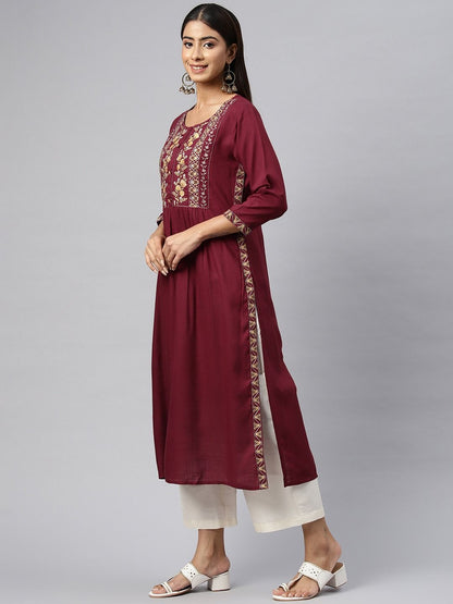 Naira Style Rayon Fabric Maroon Color Kurti