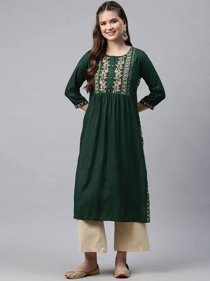 Naira Style Rayon Fabric Green Color Kurti