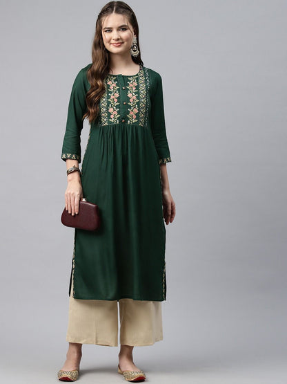Naira Style Rayon Fabric Green Color Kurti