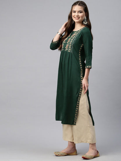 Naira Style Rayon Fabric Green Color Kurti
