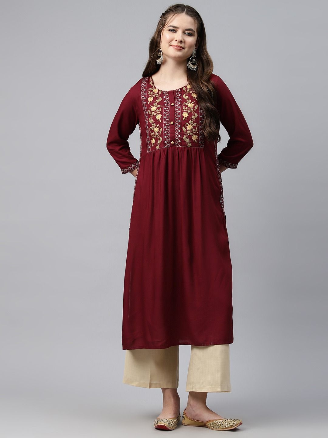 Naira Style Rayon Fabric Maroon Color Kurti