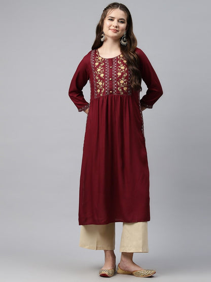 Naira Style Rayon Fabric Maroon Color Kurti