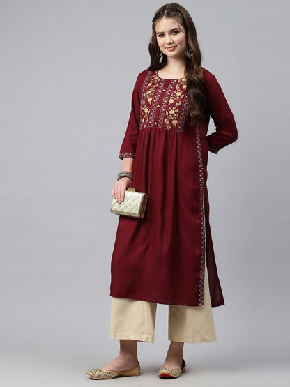 Naira Style Rayon Fabric Maroon Color Kurti