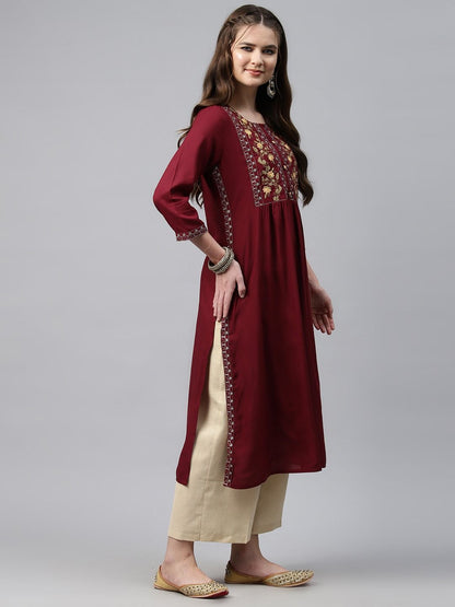 Naira Style Rayon Fabric Maroon Color Kurti