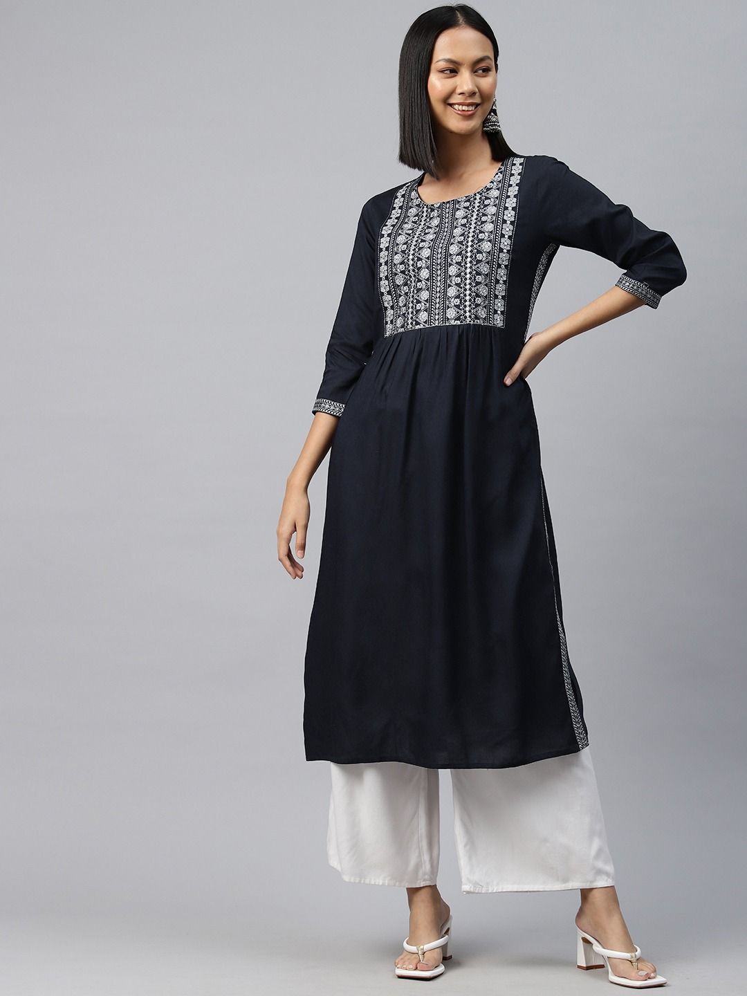 Naira Style Rayon Fabric Navy Blue Color Kurti