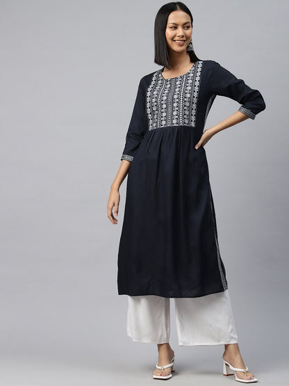 Naira Style Rayon Fabric Navy Blue Color Kurti