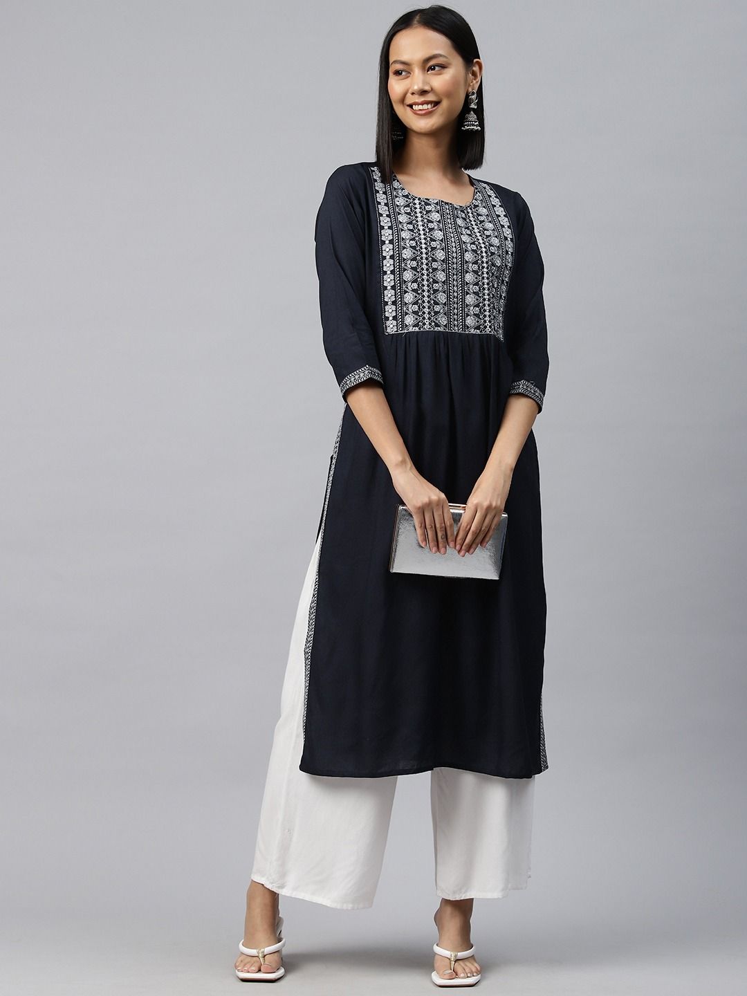 Naira Style Rayon Fabric Navy Blue Color Kurti