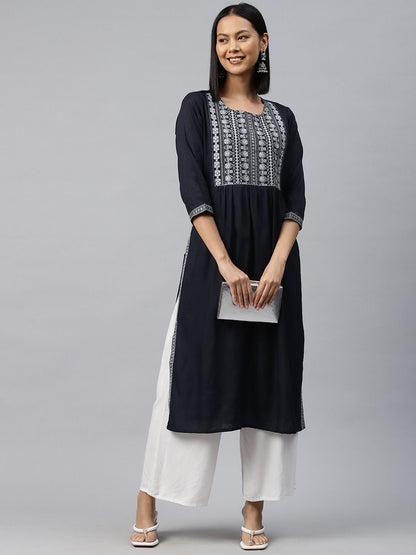 Naira Style Rayon Fabric Navy Blue Color Kurti