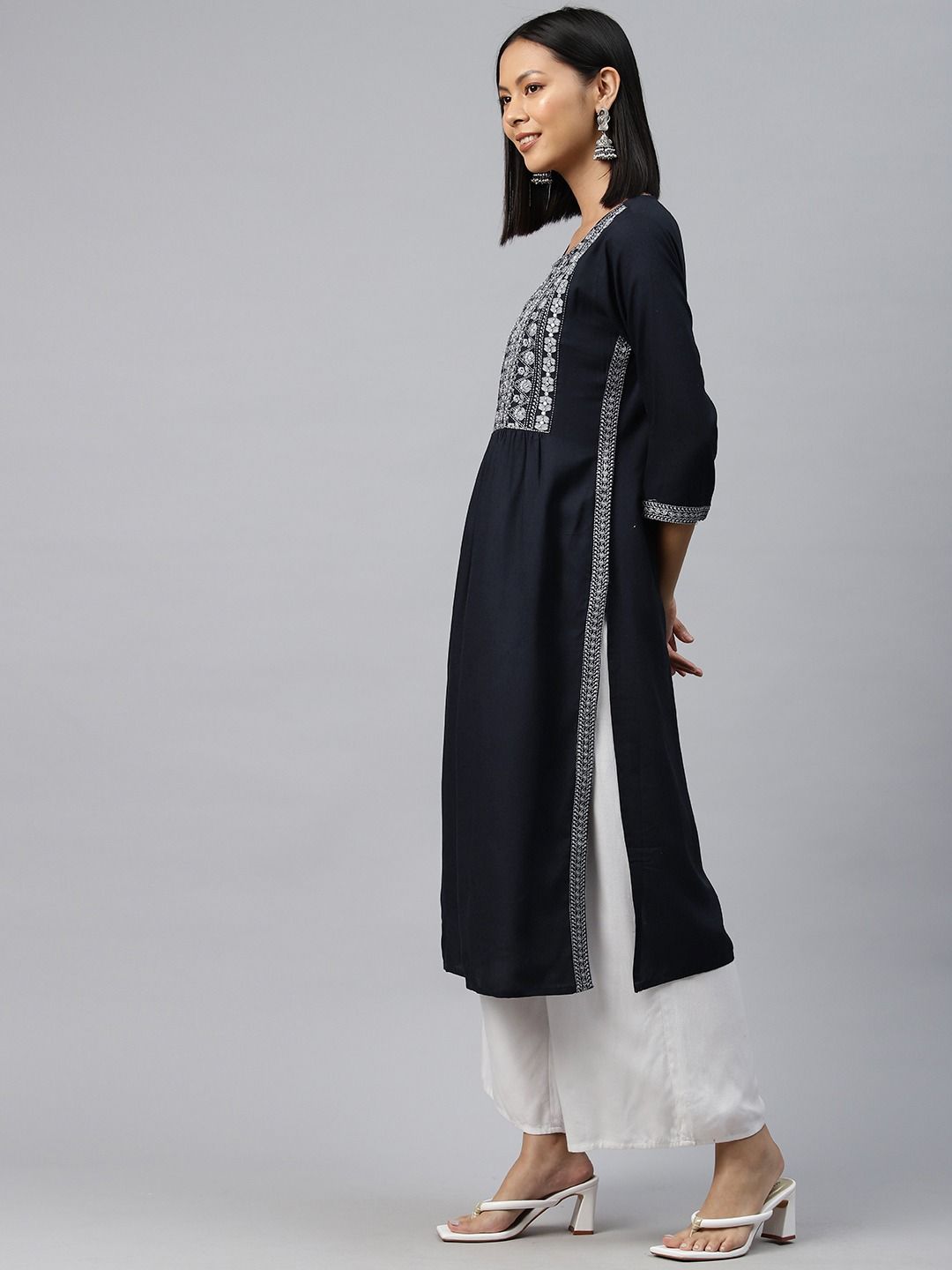 Naira Style Rayon Fabric Navy Blue Color Kurti