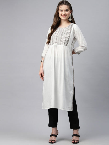 Naira Style Rayon Fabric White Color Kurti