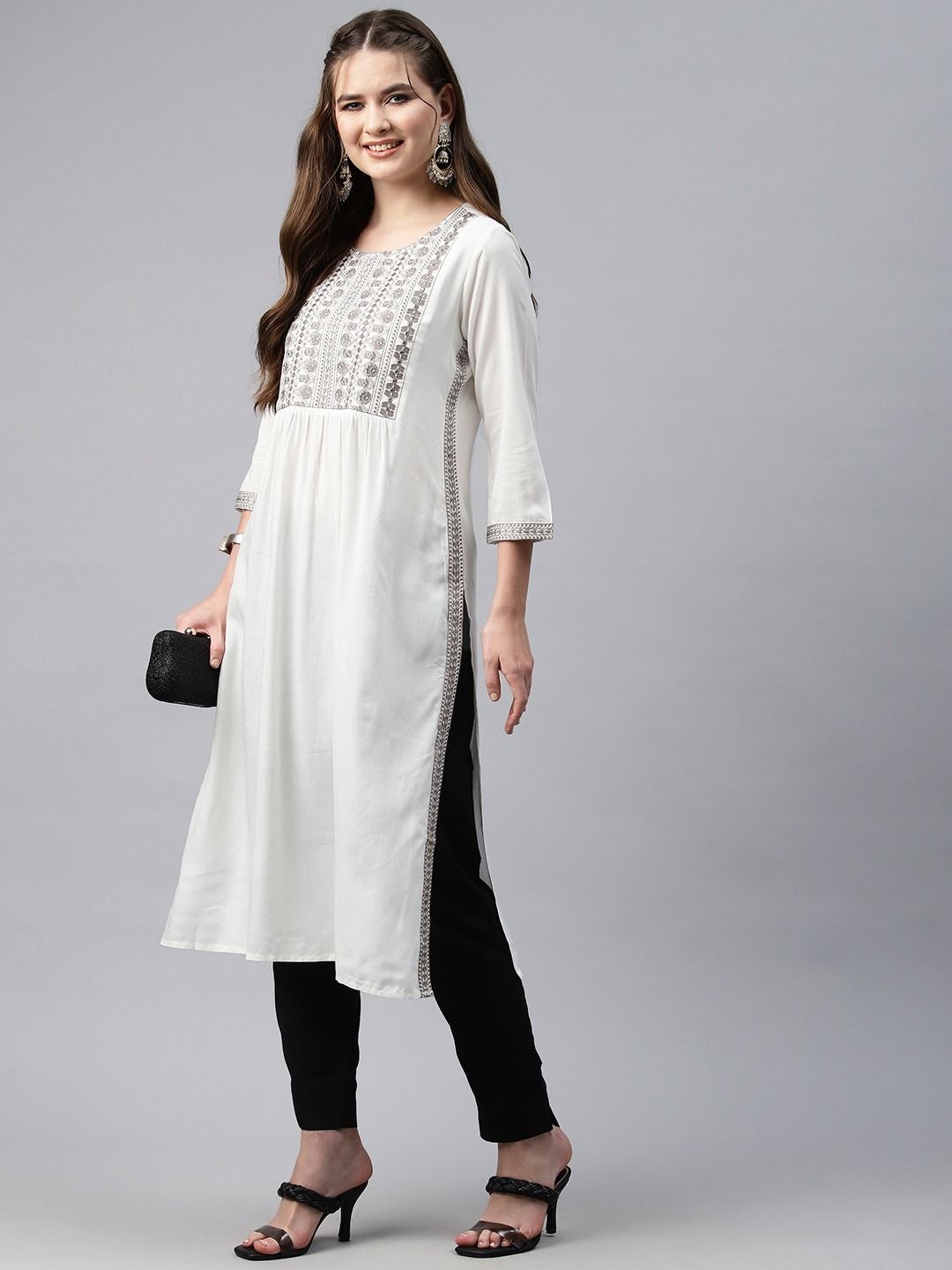 Naira Style Rayon Fabric White Color Kurti