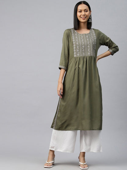 Naira Style Rayon Fabric Olive Green Color Kurti