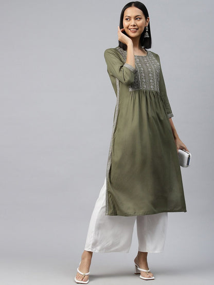 Naira Style Rayon Fabric Olive Green Color Kurti