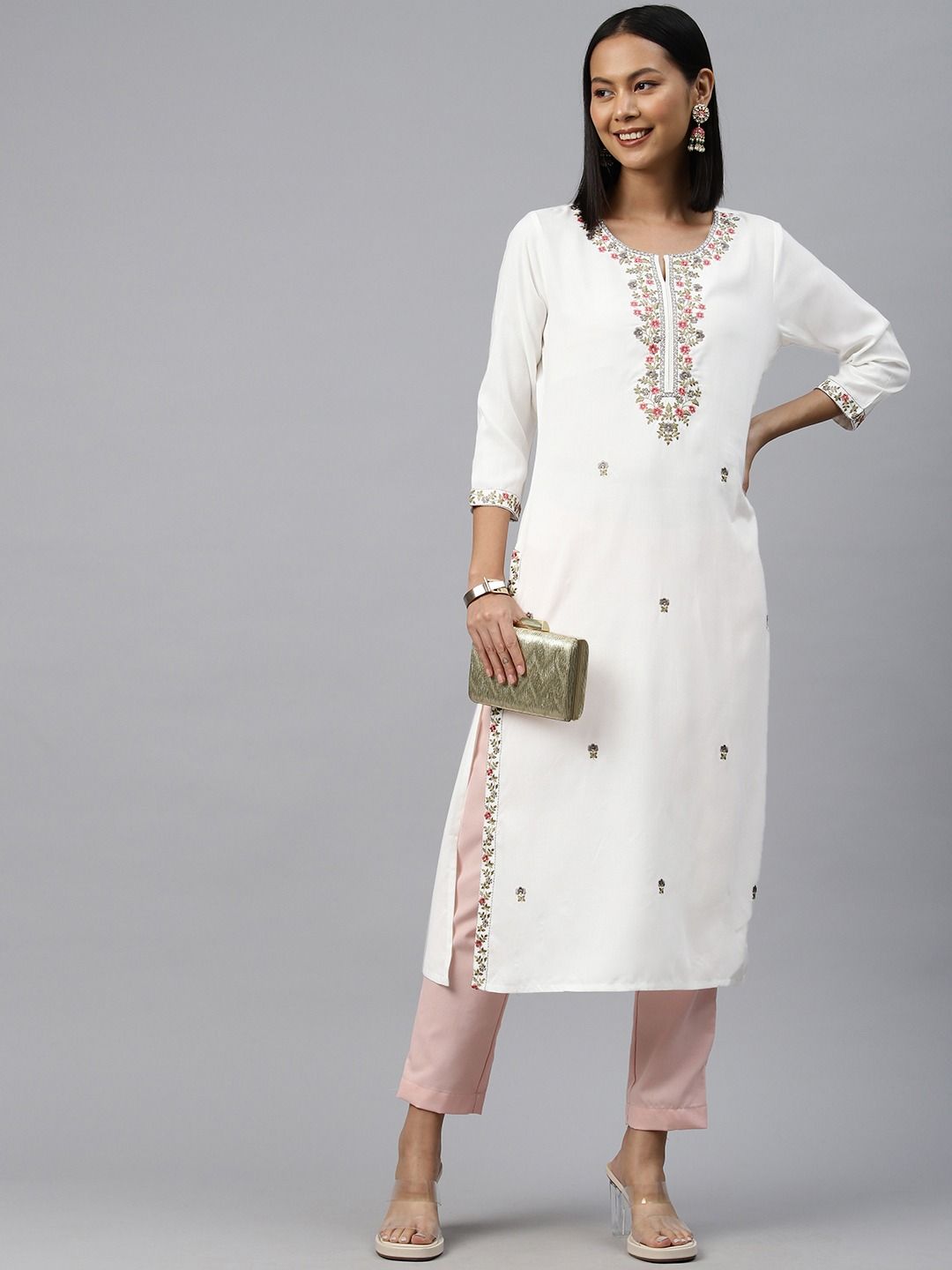 Straight Style Rayon Fabric White Color Kurti