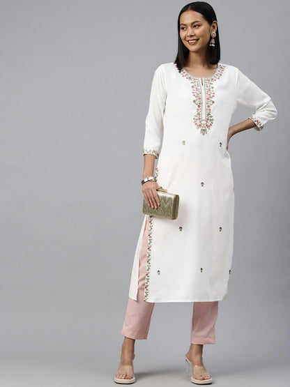 Straight Style Rayon Fabric White Color Kurti