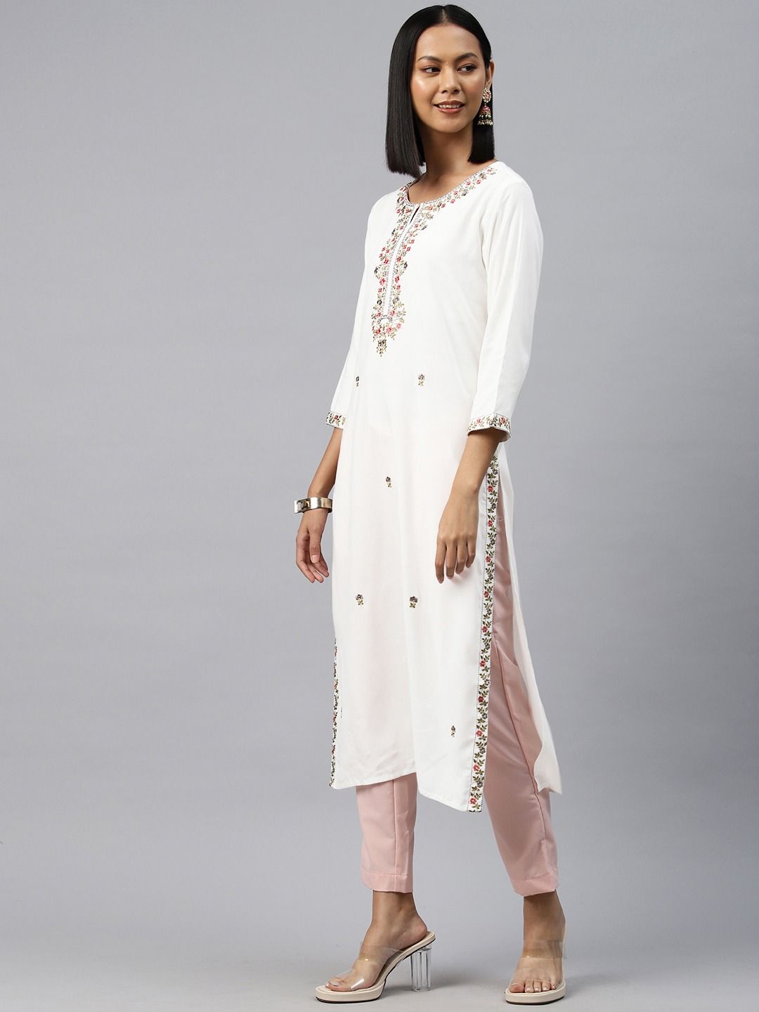 Straight Style Rayon Fabric White Color Kurti