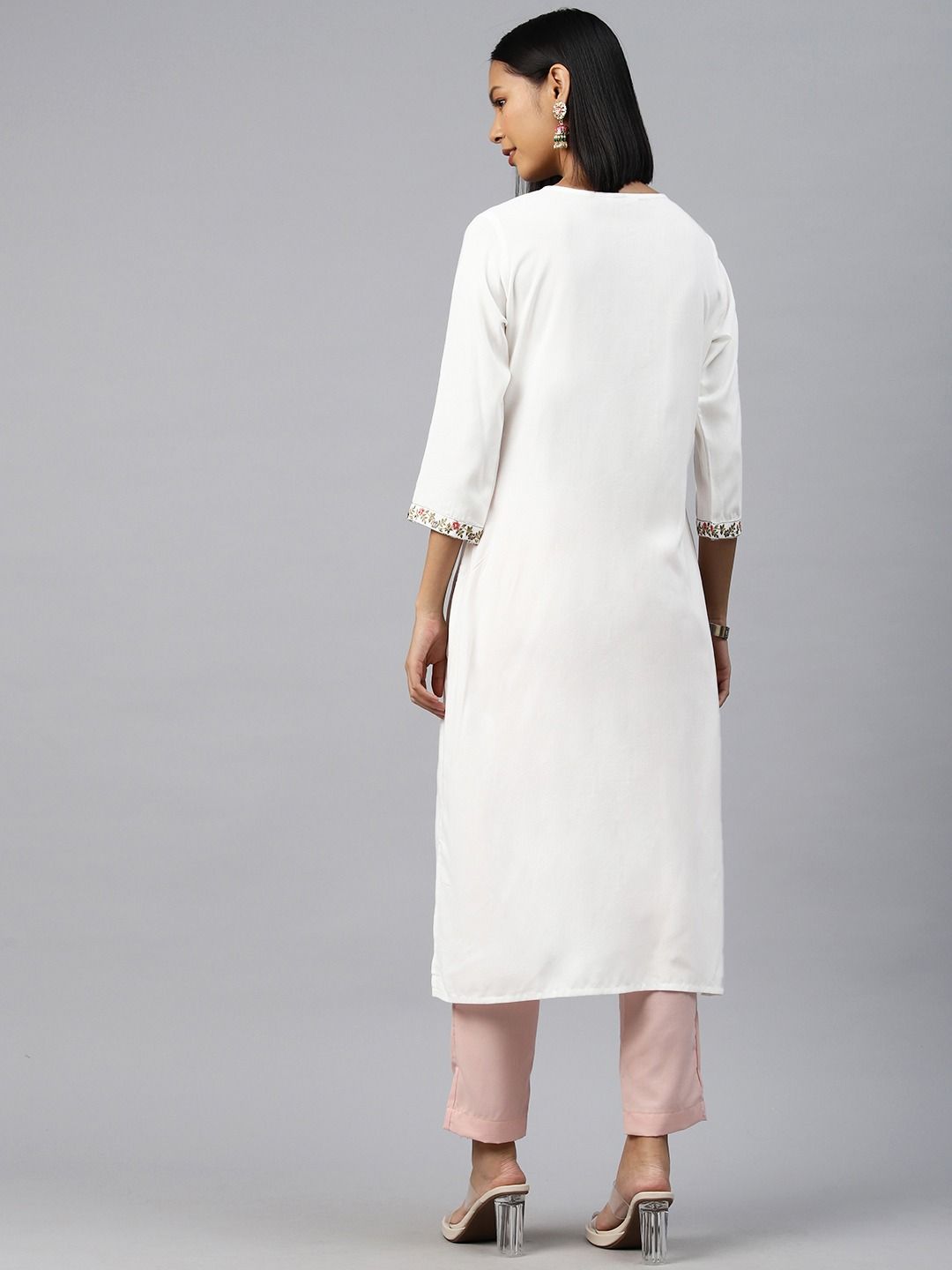 Straight Style Rayon Fabric White Color Kurti