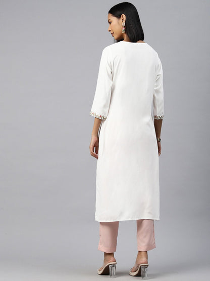 Straight Style Rayon Fabric White Color Kurti