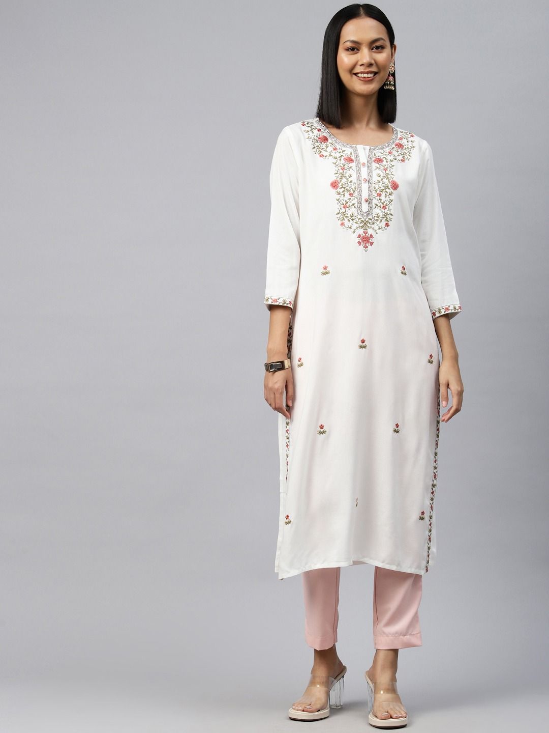 Straight Style Rayon Fabric White Color Kurti