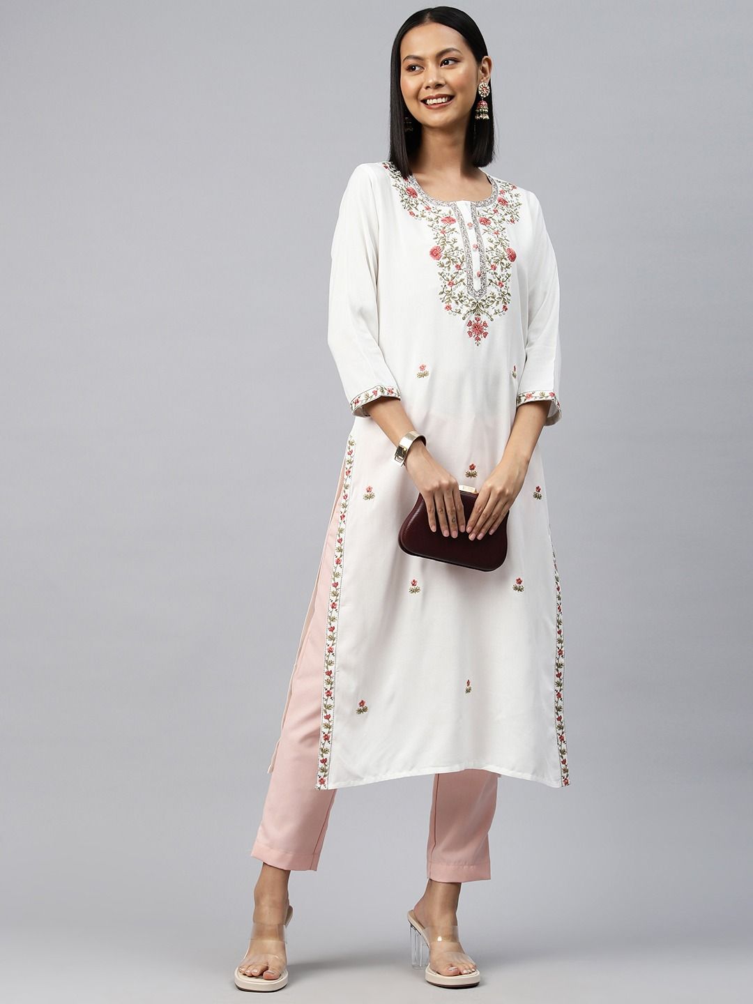Straight Style Rayon Fabric White Color Kurti