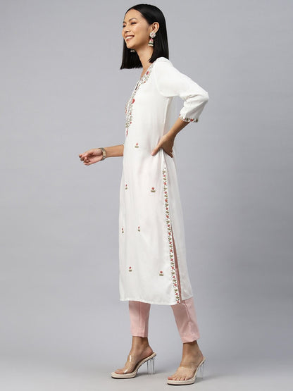 Straight Style Rayon Fabric White Color Kurti