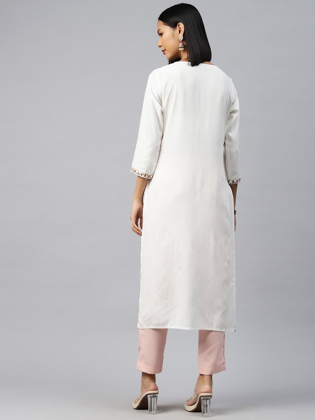 Straight Style Rayon Fabric White Color Kurti
