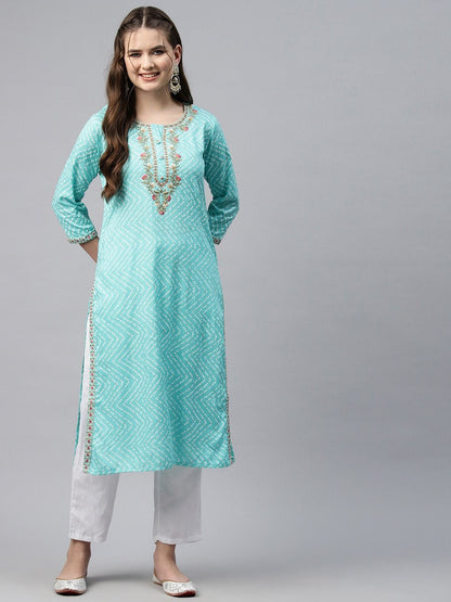 Straight Style Cotton Fabric Turquoise Blue Color Kurti
