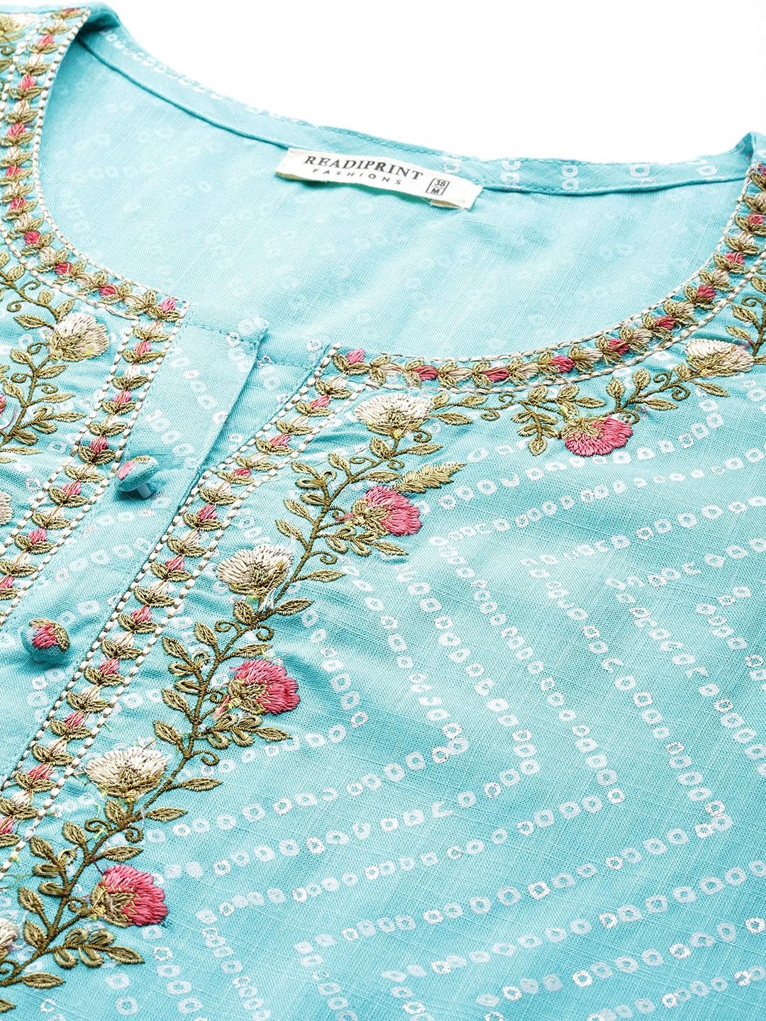 Straight Style Cotton Fabric Turquoise Blue Color Kurti