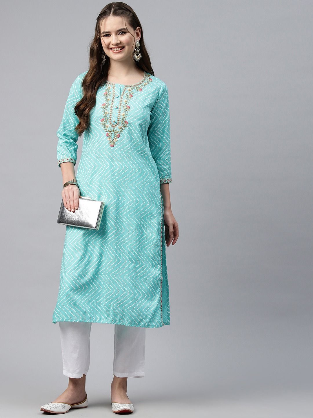 Straight Style Cotton Fabric Turquoise Blue Color Kurti